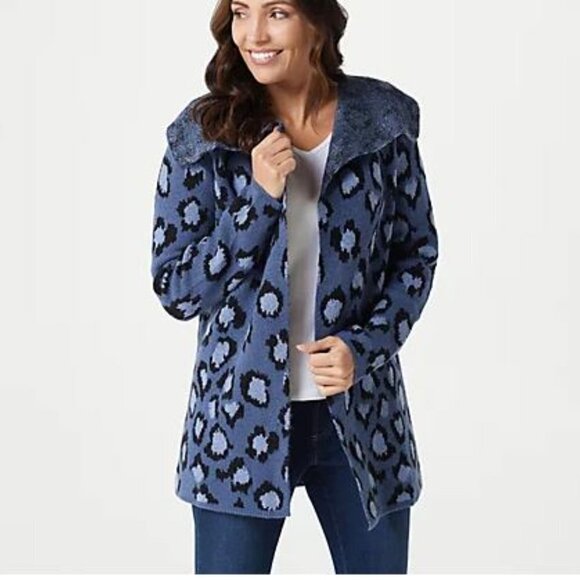 NWOT D & Co Green Animal Print Jacquard Knit Cardigan XL Cozy Fall Layer - Picture 1 of 12